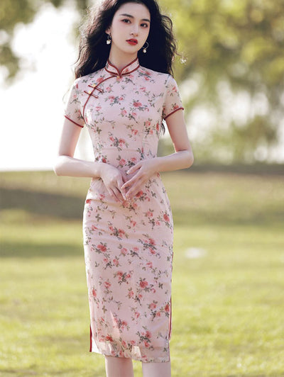 2021 Pink Floral Modern Cheongsam Qi Pao Dress