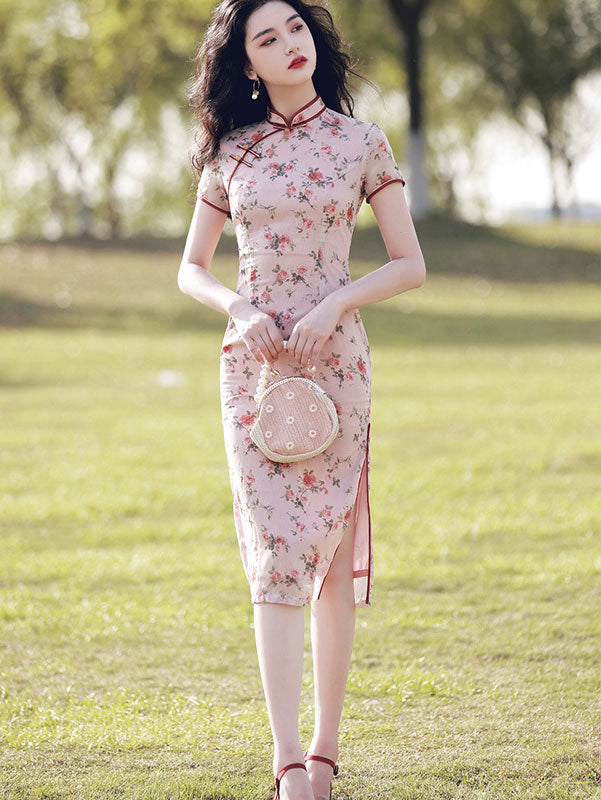 2021 Pink Floral Modern Cheongsam Qi Pao Dress
