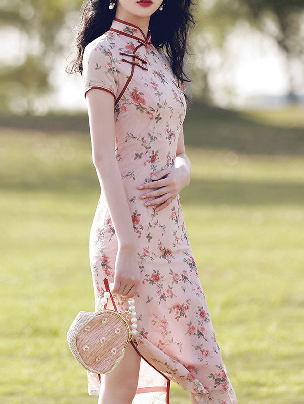 2021 Pink Floral Modern Cheongsam Qi Pao Dress
