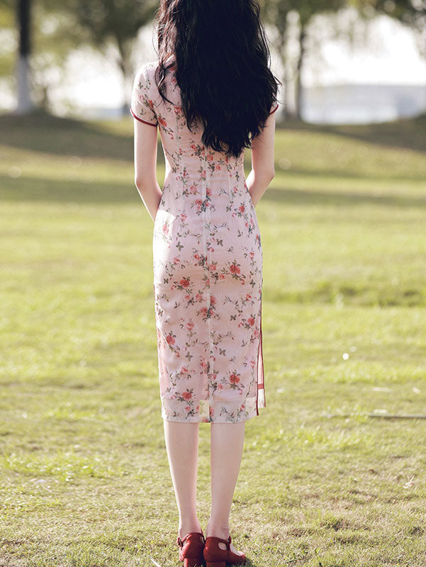 2021 Pink Floral Modern Cheongsam Qi Pao Dress