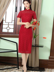 Red Lace Illusion Modern Qi Pao Cheongsam Dress