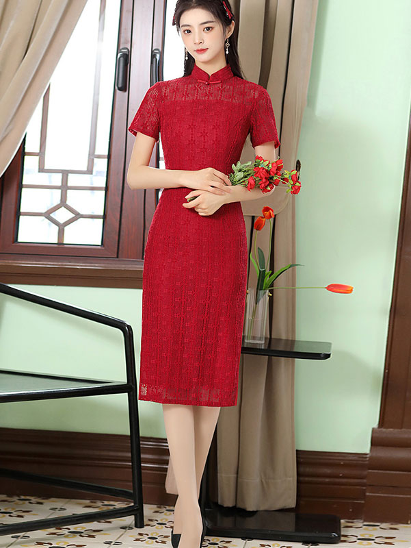 Red Lace Illusion Modern Qi Pao Cheongsam Dress