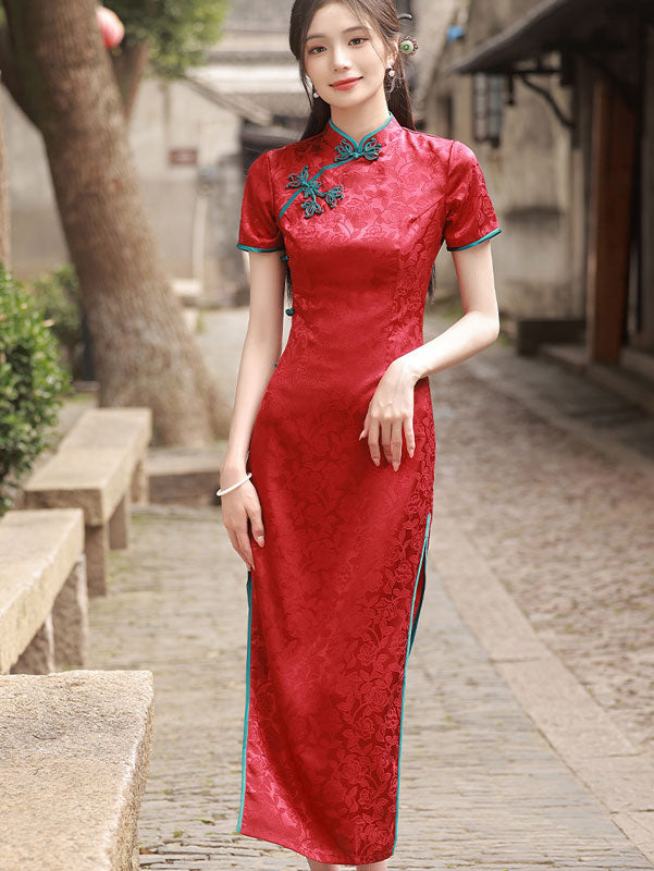 2021 Blue Black Jacquard Maxi Cheongsam Qi Pao Dress