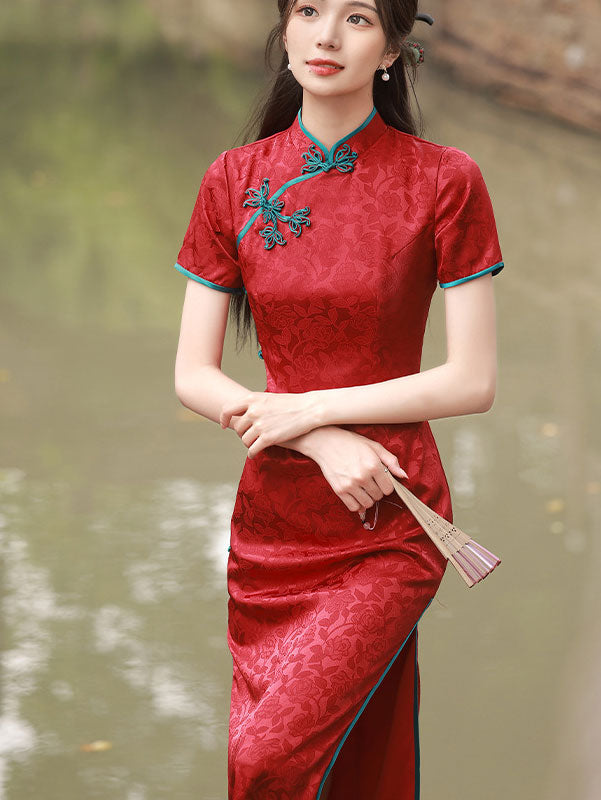 2021 Blue Black Jacquard Maxi Cheongsam Qi Pao Dress