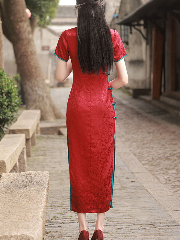 2021 Blue Black Jacquard Maxi Cheongsam Qi Pao Dress