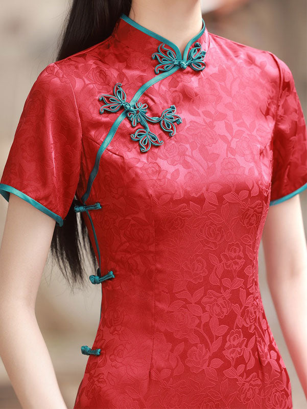 2021 Blue Black Jacquard Maxi Cheongsam Qi Pao Dress
