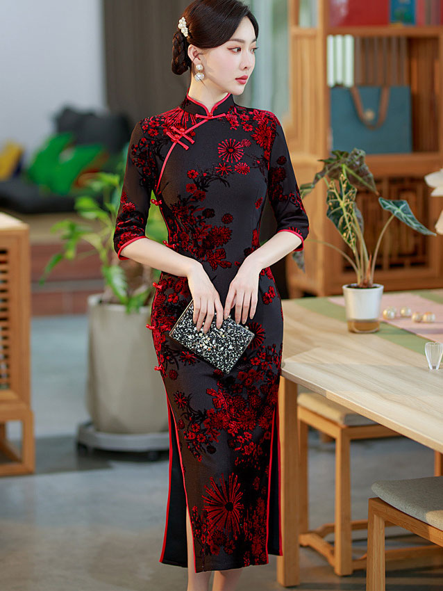 Mothers Red Green Floral Velvet Cheongsam Qi Pao Dress