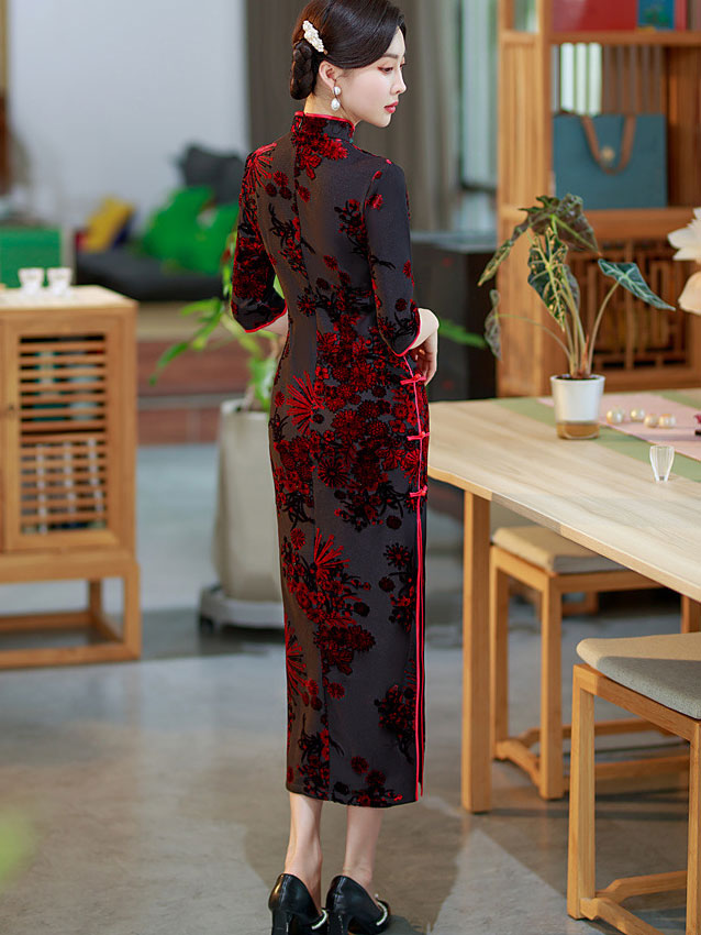 Mothers Red Green Floral Velvet Cheongsam Qi Pao Dress