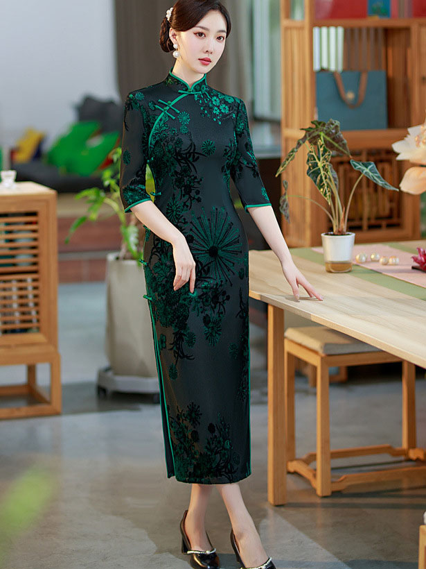 Mothers Red Green Floral Velvet Cheongsam Qi Pao Dress