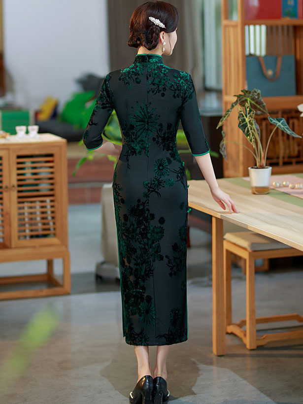 Mothers Red Green Floral Velvet Cheongsam Qi Pao Dress