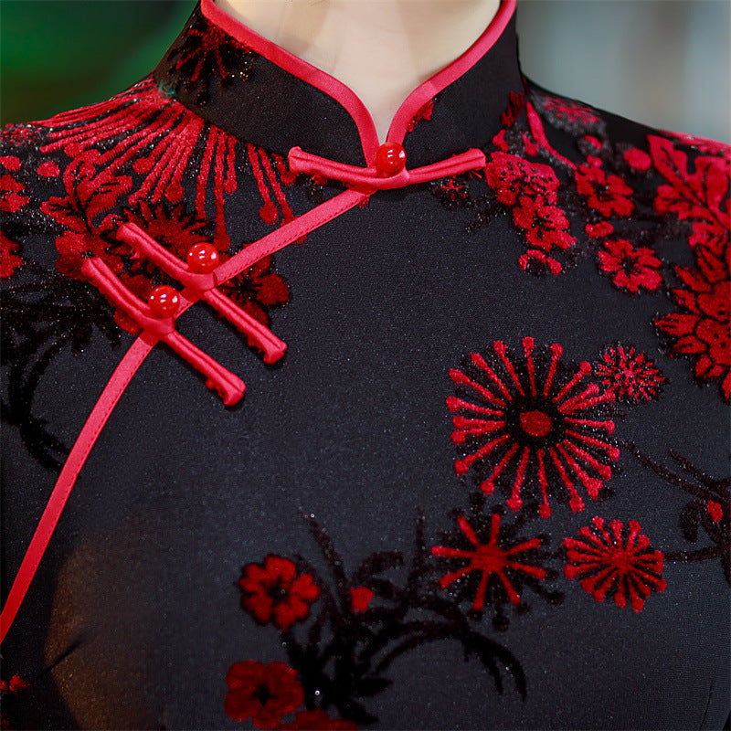 Mothers Red Green Floral Velvet Cheongsam Qi Pao Dress