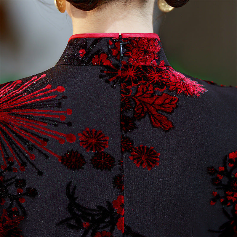 Mothers Red Green Floral Velvet Cheongsam Qi Pao Dress