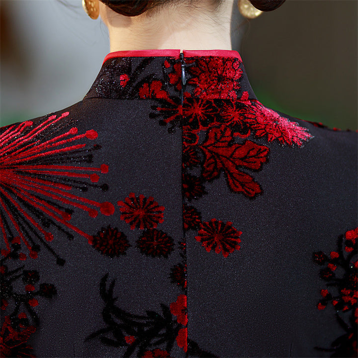 Mothers Red Green Floral Velvet Cheongsam Qi Pao Dress