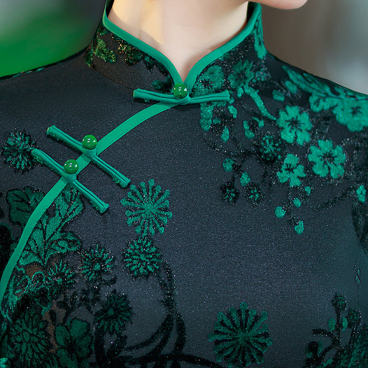 Mothers Red Green Floral Velvet Cheongsam Qi Pao Dress