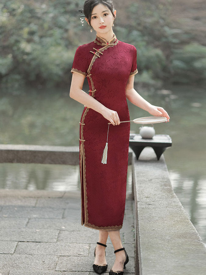 Red Jacquard Lace Trim Long Cheongsam Qi Pao Dress