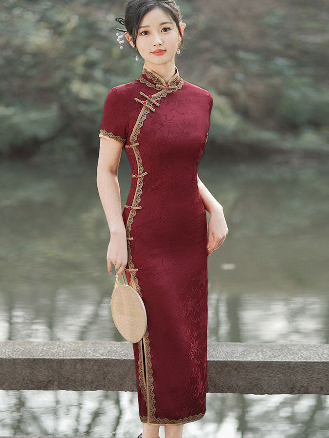 Red Jacquard Lace Trim Long Cheongsam Qi Pao Dress