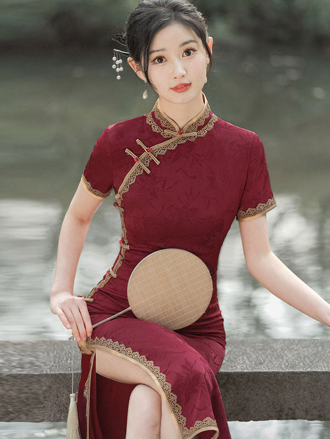 Red Jacquard Lace Trim Long Cheongsam Qi Pao Dress