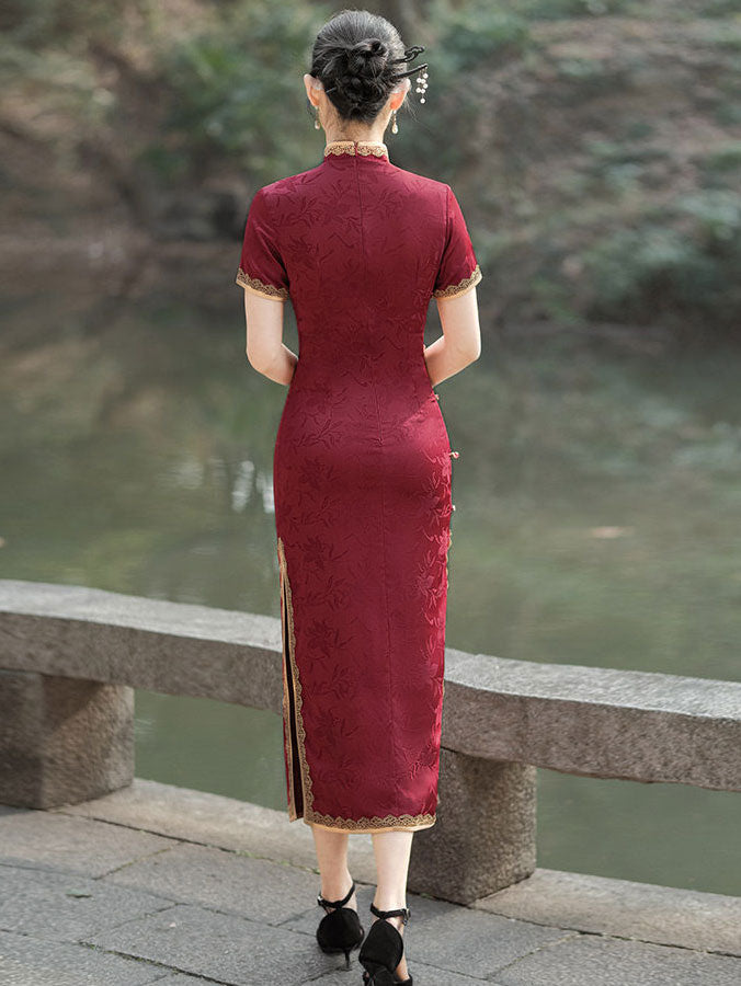 Red Jacquard Lace Trim Long Cheongsam Qi Pao Dress