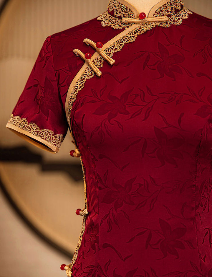 Red Jacquard Lace Trim Long Cheongsam Qi Pao Dress