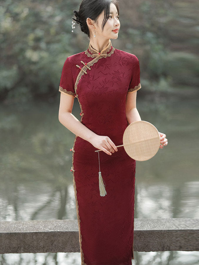 Red Jacquard Lace Trim Long Cheongsam Qi Pao Dress