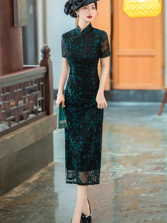 Mothers Red Blue Floral Velvet Qi Pao Cheongsam Dress