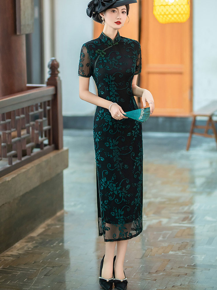 Mothers Red Blue Floral Velvet Qi Pao Cheongsam Dress
