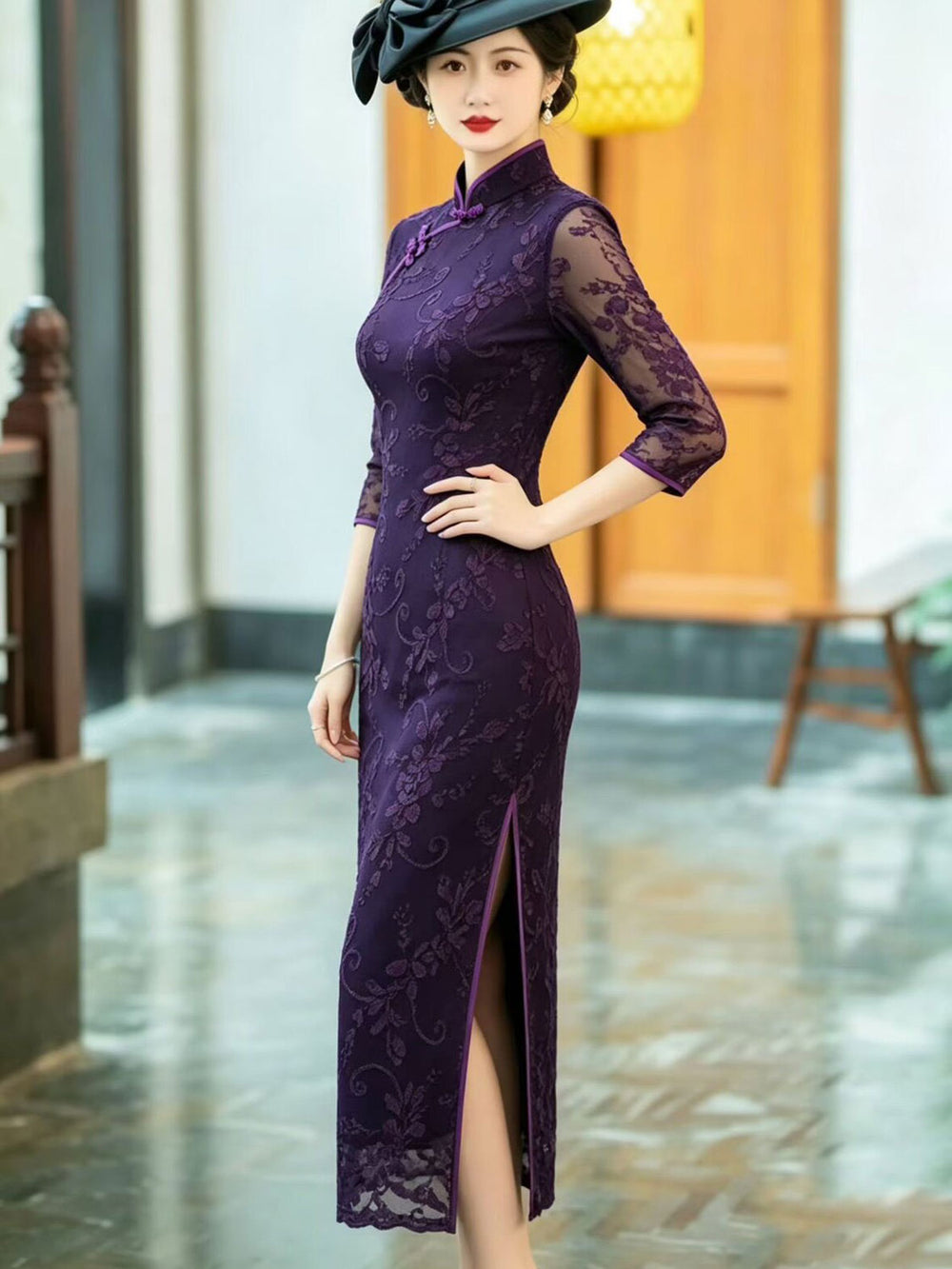 Purple Floral Velvet Qi Pao Cheongsam Dress
