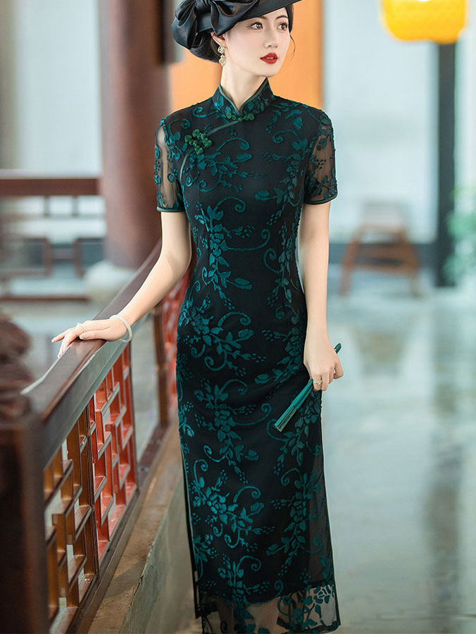 Mothers Red Blue Floral Velvet Qi Pao Cheongsam Dress