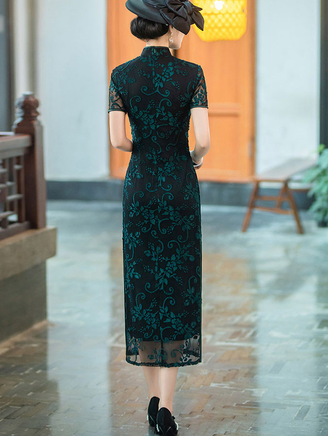 Mothers Red Blue Floral Velvet Qi Pao Cheongsam Dress
