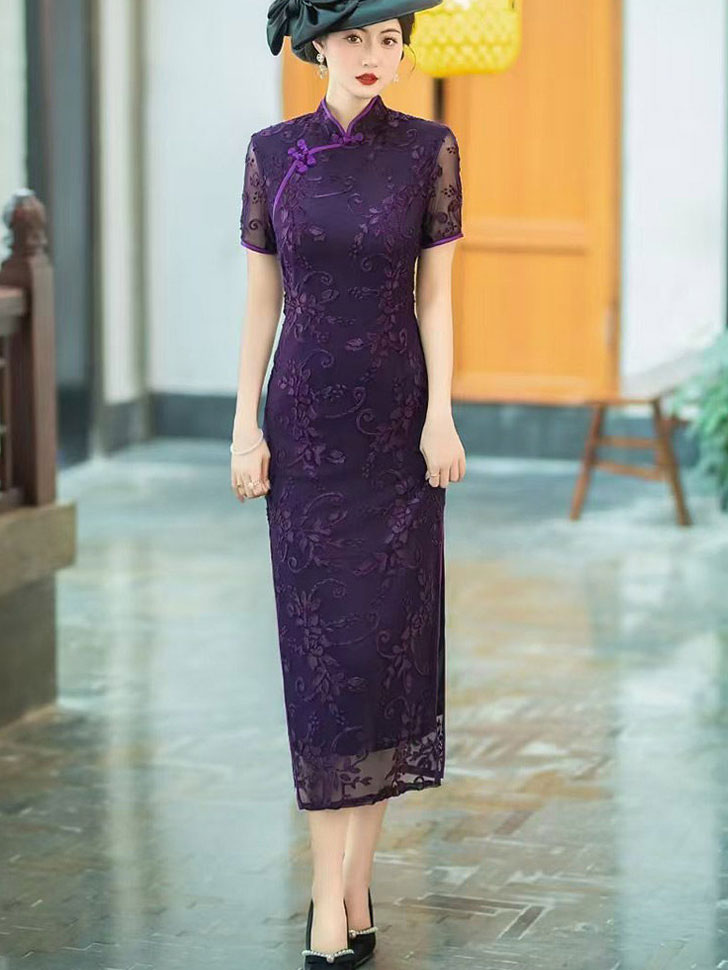 Mothers Red Blue Floral Velvet Qi Pao Cheongsam Dress
