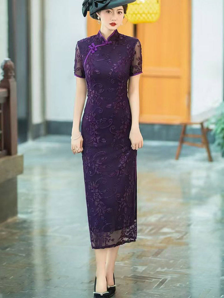 Mothers Red Blue Floral Velvet Qi Pao Cheongsam Dress