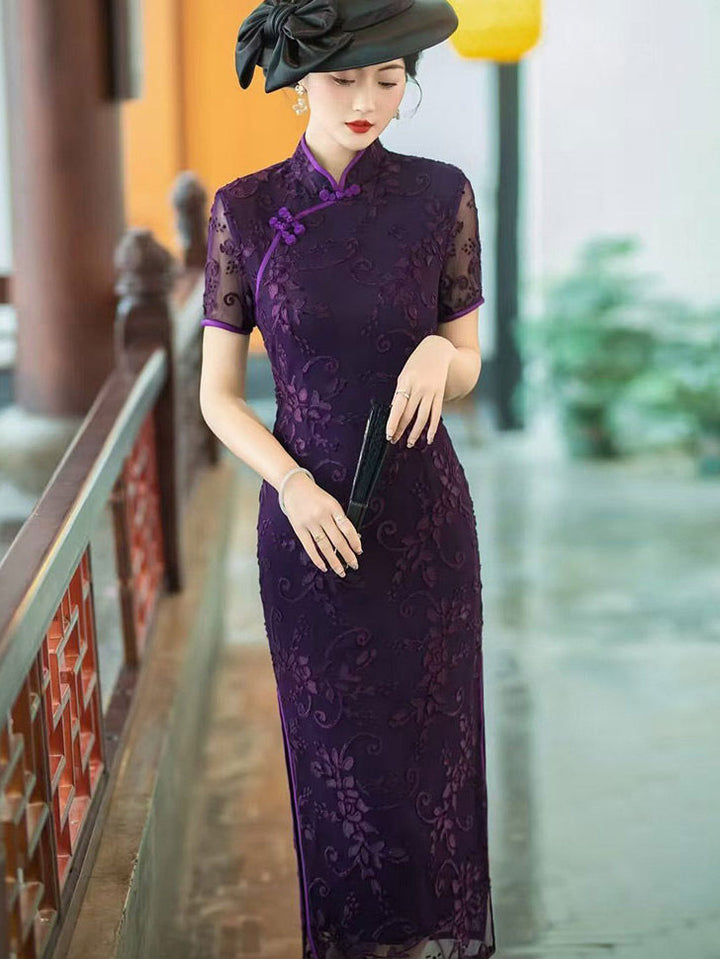 Mothers Red Blue Floral Velvet Qi Pao Cheongsam Dress