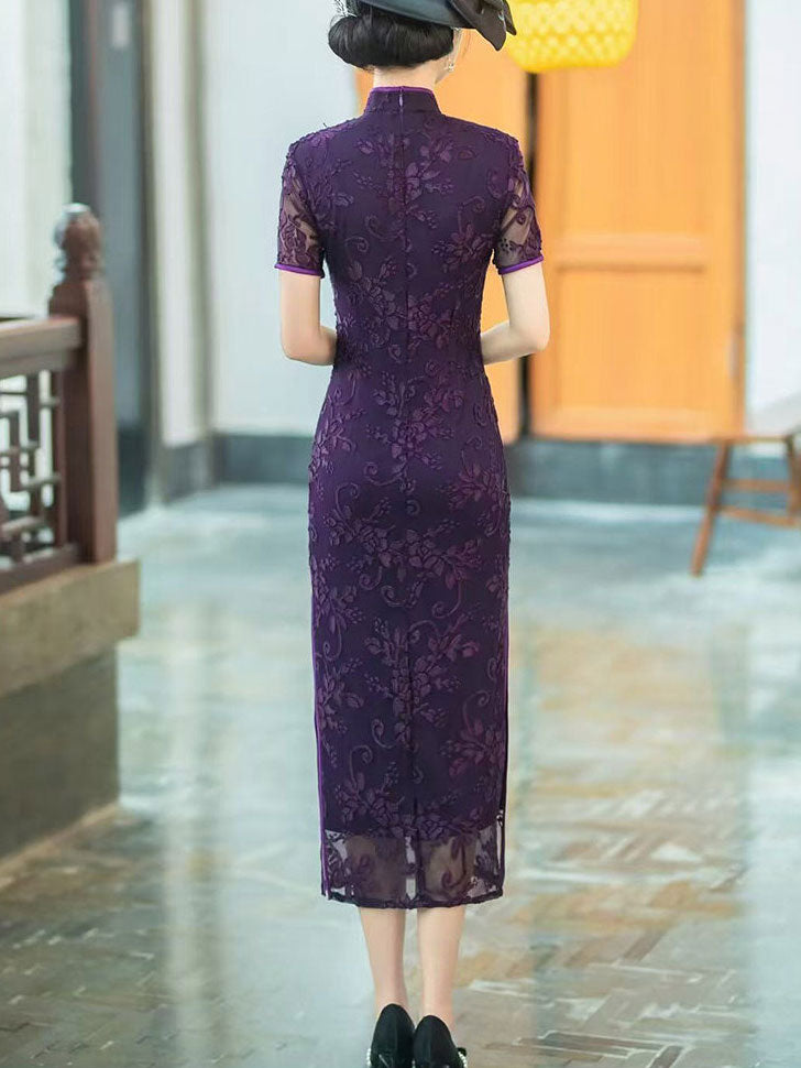 Mothers Red Blue Floral Velvet Qi Pao Cheongsam Dress