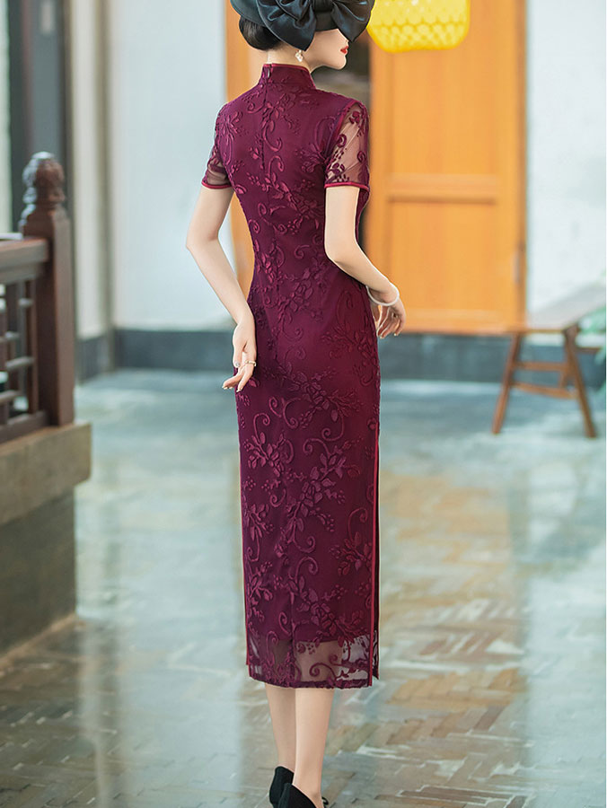Mothers Red Blue Floral Velvet Qi Pao Cheongsam Dress