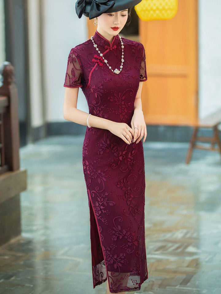 Mothers Red Blue Floral Velvet Qi Pao Cheongsam Dress
