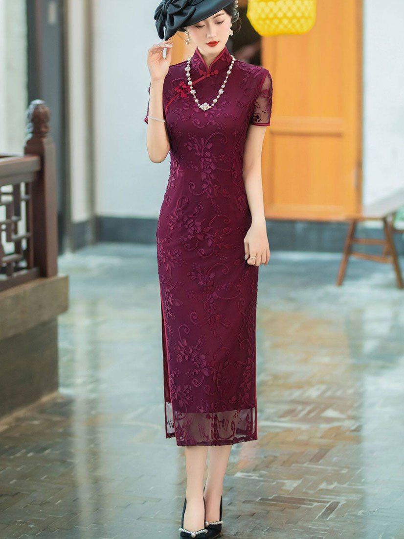 Mothers Red Blue Floral Velvet Qi Pao Cheongsam Dress