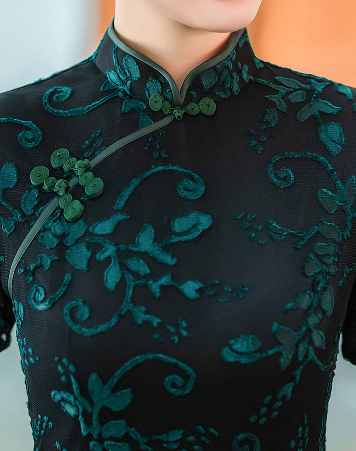 Mothers Red Blue Floral Velvet Qi Pao Cheongsam Dress