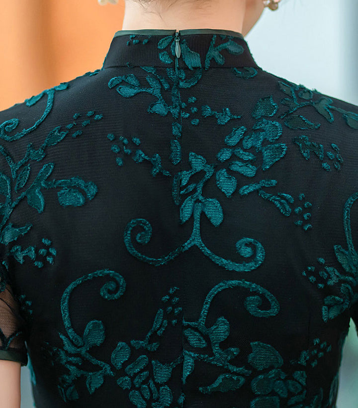 Mothers Red Blue Floral Velvet Qi Pao Cheongsam Dress