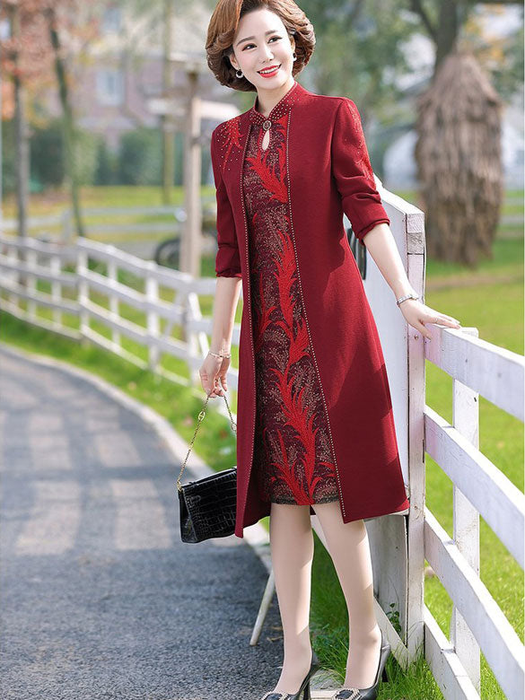 Red Bridal Mothers Midi Cheongsam Qi Pao Dress