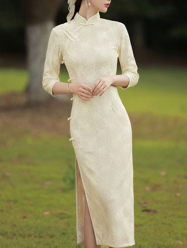 Red Beige Floral Jacquard Mid Cheongsam Qi Pao Dress