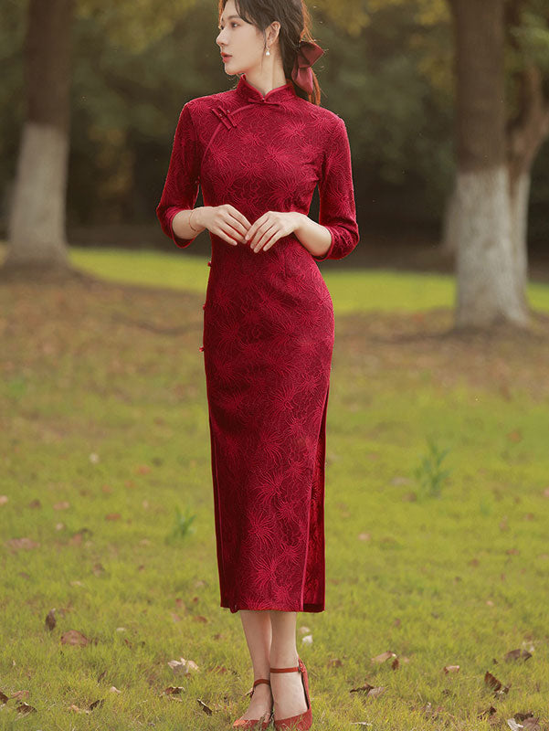 Red Beige Floral Jacquard Mid Cheongsam Qi Pao Dress