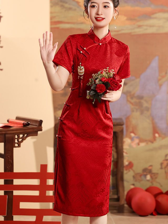 Red Jacquard Modern Midi Qi Pao Cheongsam Dress
