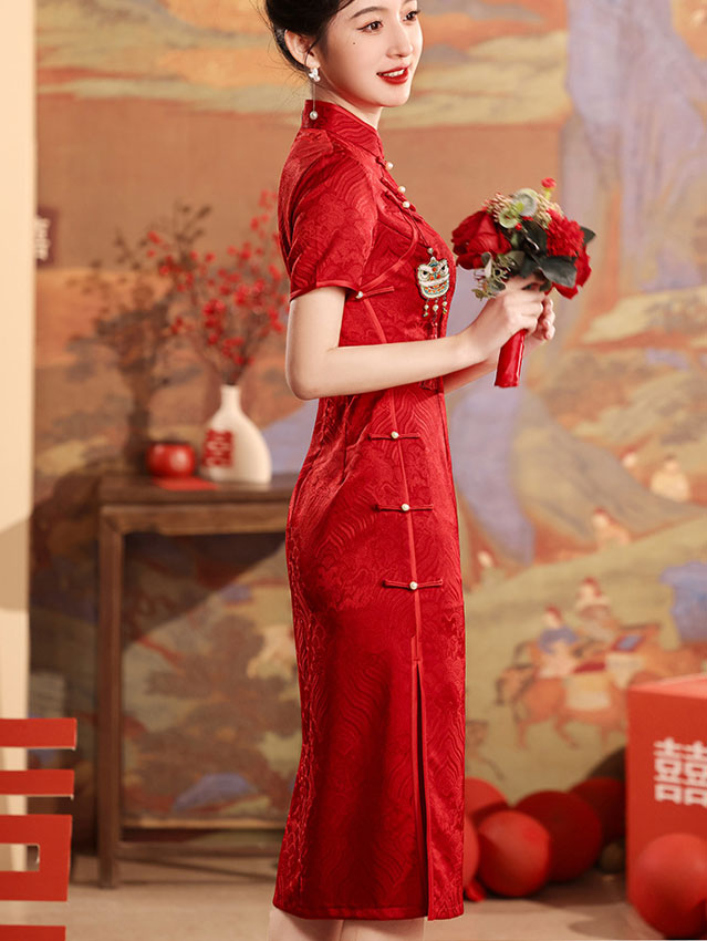 Red Jacquard Modern Midi Qi Pao Cheongsam Dress