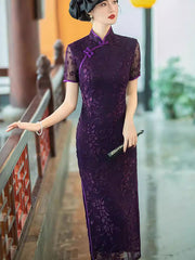 Purple Red Floral Velvet Qipao Cheongsam Dress