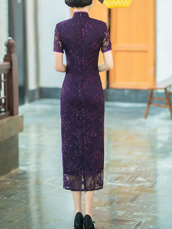 Purple Red Floral Velvet Qipao Cheongsam Dress