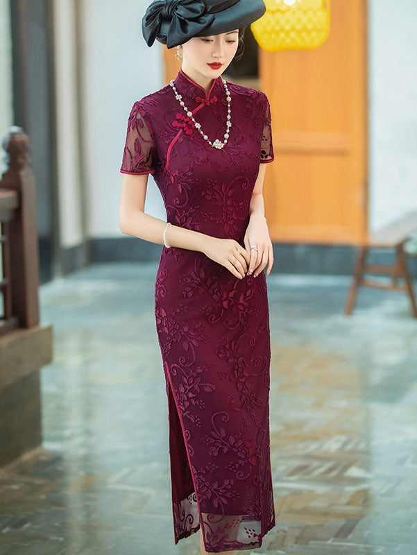 Purple Red Floral Velvet Qipao Cheongsam Dress