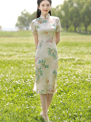Floral Linen Midi Qipao Cheongsam Dress