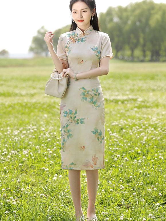 Floral Linen Midi Qipao Cheongsam Dress