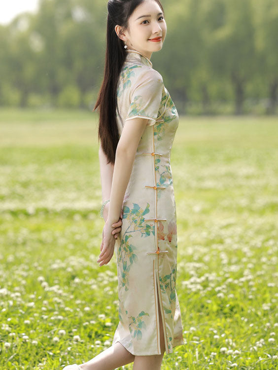 Floral Linen Midi Qipao Cheongsam Dress