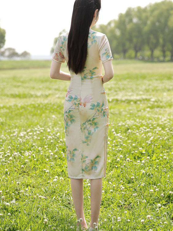 Floral Linen Midi Qipao Cheongsam Dress